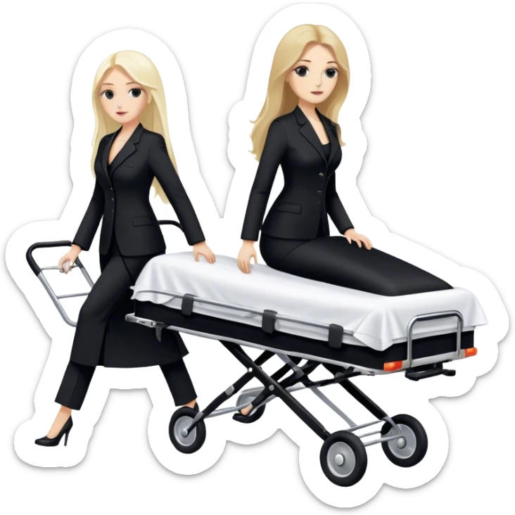 Two woman with long hair. One is brunette and one is blond. They have black pants suits on. And they are pushing a funeral stretcher in to a black Mercedes Vito funeral car. On the stretcher is a body covered in white sheets  sticker