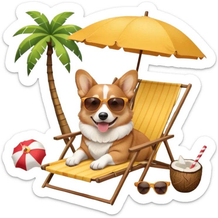 a corgi dog laied on a beach chair, a sunny beach, a sun umbrella, and beach coconut trees. the icon should capture the essence of a relaxing beach vacation with a carefree atmosphere sticker