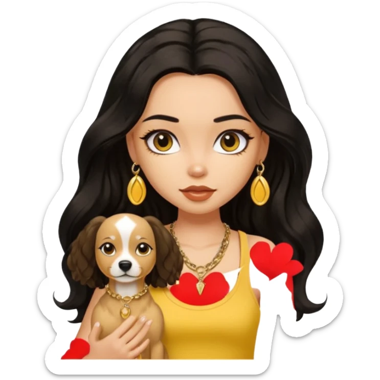 brown pretty bratz girl with long wavy black hair, wearing a yellow tank top with a dog sticker