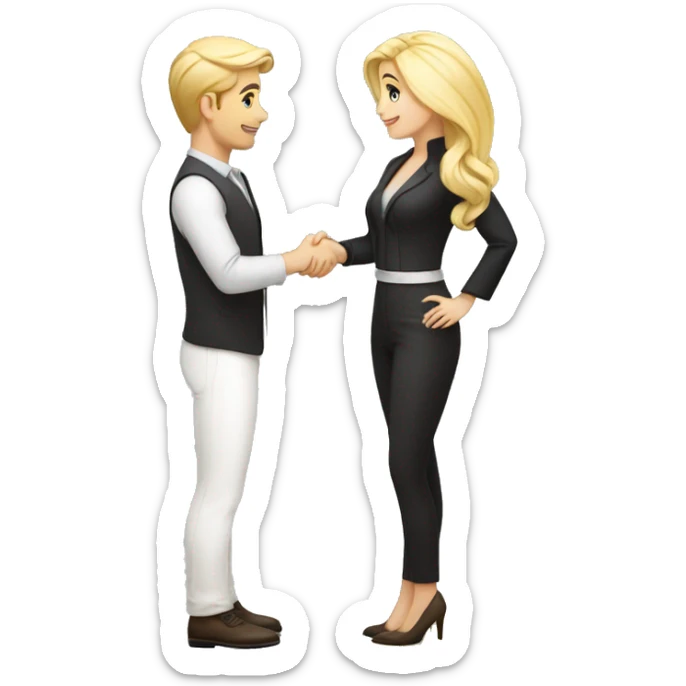 adult restaurant owner with white skin and blogger with white skin and blonde hair shaking hands in great detail and full height sticker