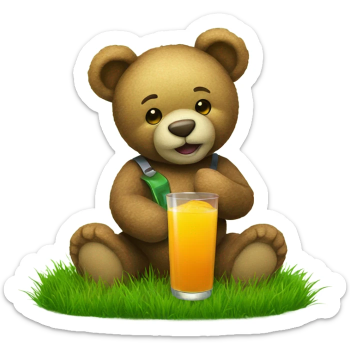 Teddy bear holding a glass of juice sitting on green grass sticker