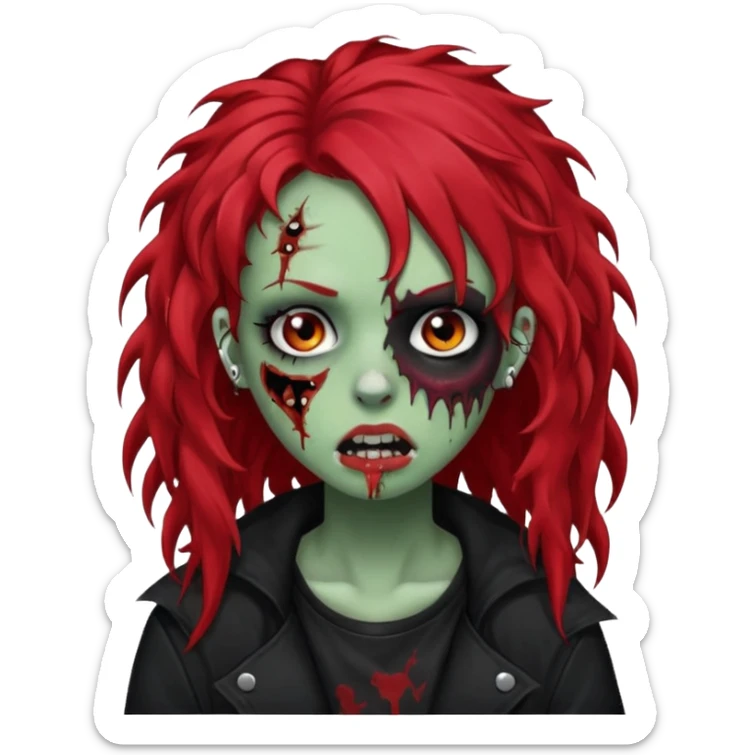zombie girl red hair cacheado longo, com piercings na boca, nariz e sobrancelha,  roupa emo sticker