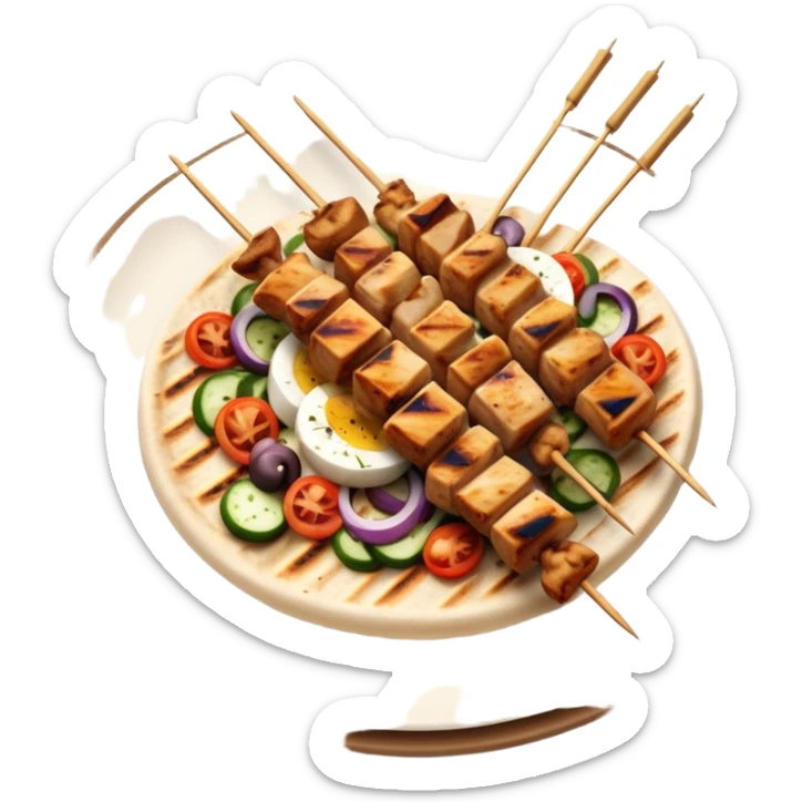 cinematic-realistic-souvlaki-dish-emoji,-showcasing-skewered,-grilled-chicken-with-mediterranean-spices-rendered-with-dynamic-textures-and-warm,-appetizing-lighting on pita bread on a plate sticker