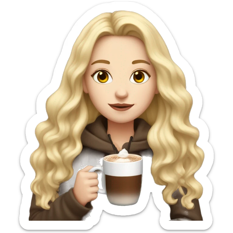 white girl with blonde long hair and a hot chocolate sticker