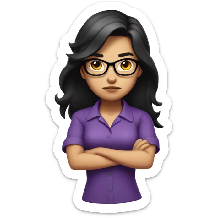 Angry scowling girl, purple shirt, long black hair, wearing glasses, with arms crossed over chest. sticker