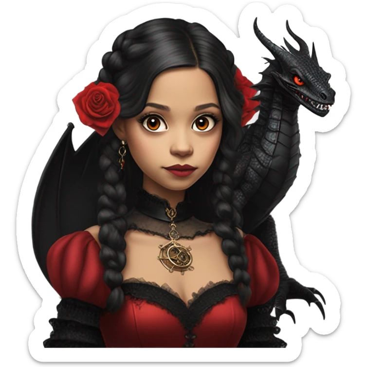 Lavish black evening gown with see-through gloves, Jenna Ortega as Addams woman wearing a steampunk mini tiara, very large blood red evil-looking horned old dragon sticker