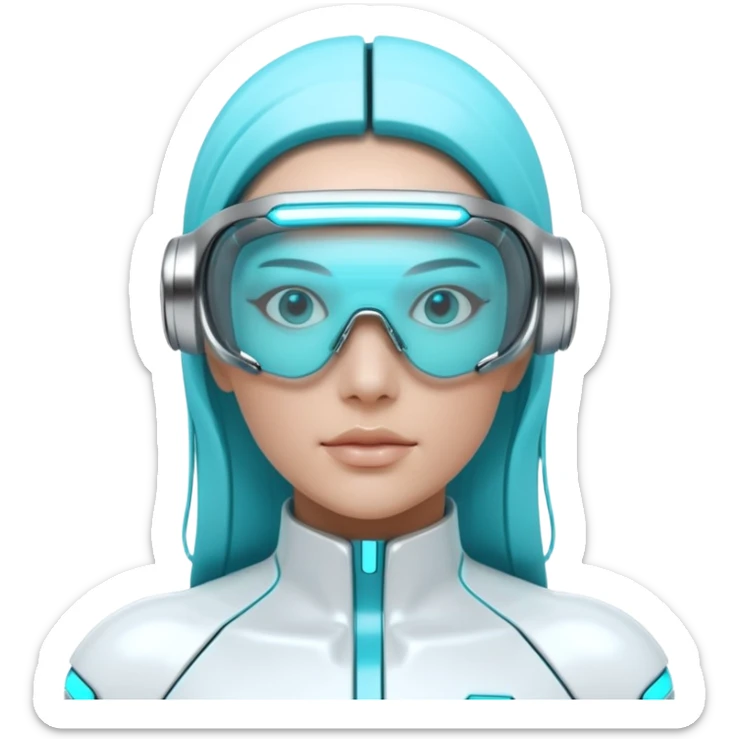 3D render of Digi-Visor, futuristic cyborg aesthetic, fusion of organic skin and chrome metal, sleek white plastic eyewear with a cyan glowing strip, isolated on white background --v 6.0. sticker