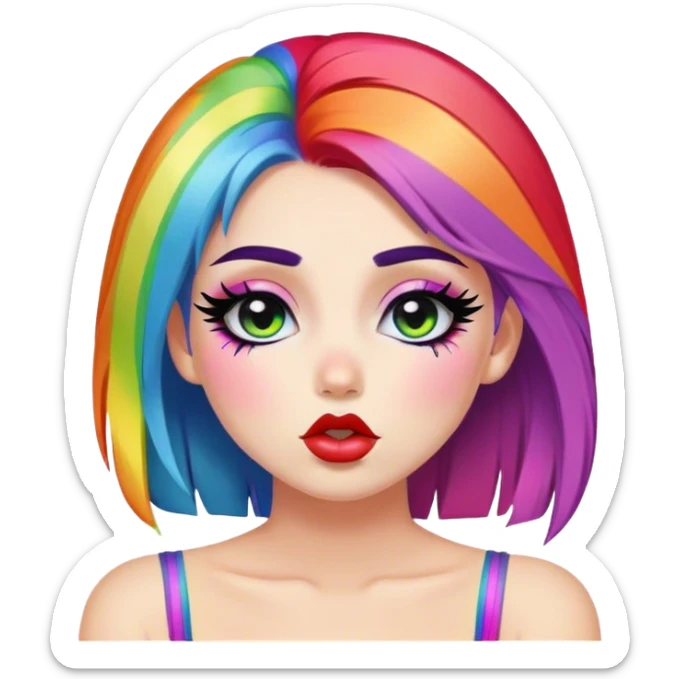 Pretty Girl with black eyeliner and rainbow hair making a kissy face sticker
