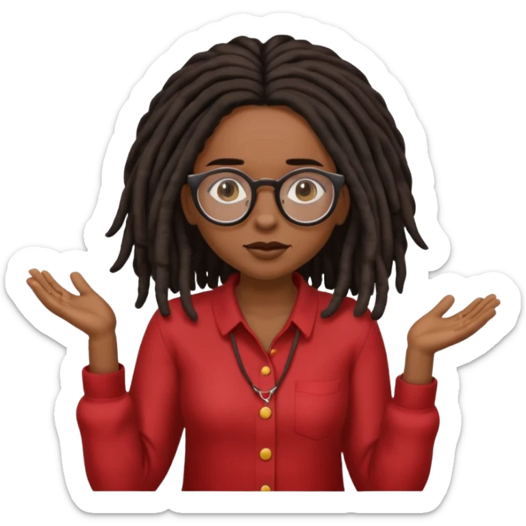 darker skin female with dark dreadlock hair wearing large round glasses shrugging her shoulders sticker