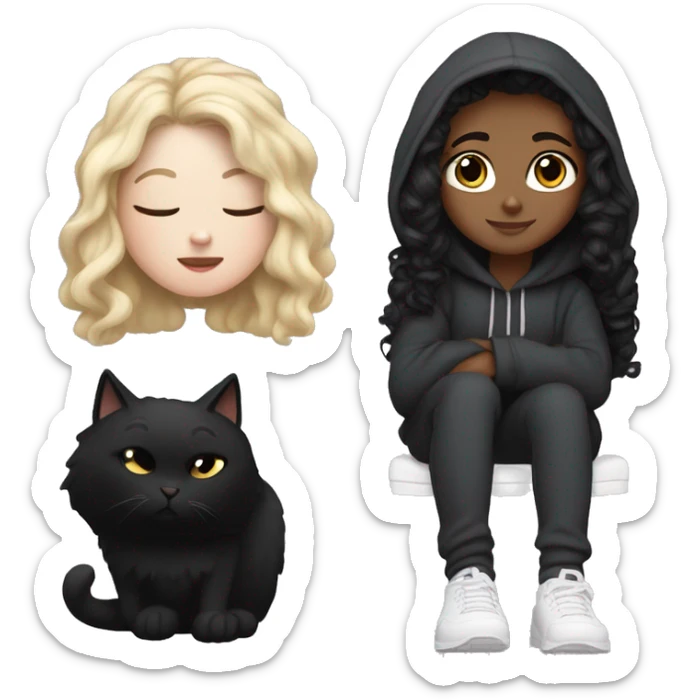 White girl with long curly black hair in a hoodie and sweatpants sitting next to a black cat  sticker