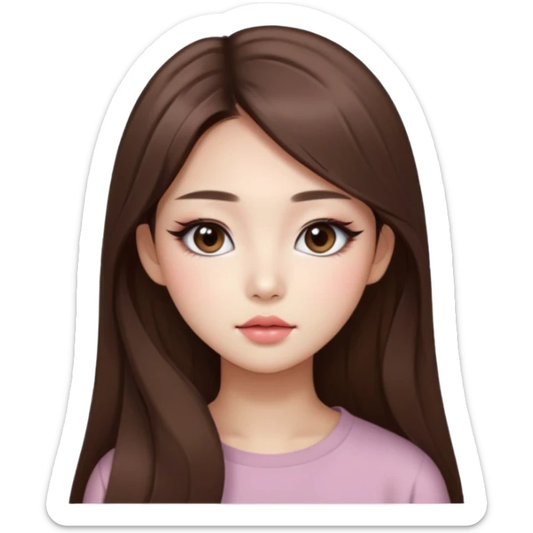 “korean straight long brown hair Emoji girl, soft eyeliner and blush, gradient lips, light brown shimmer eyeshadow sticker