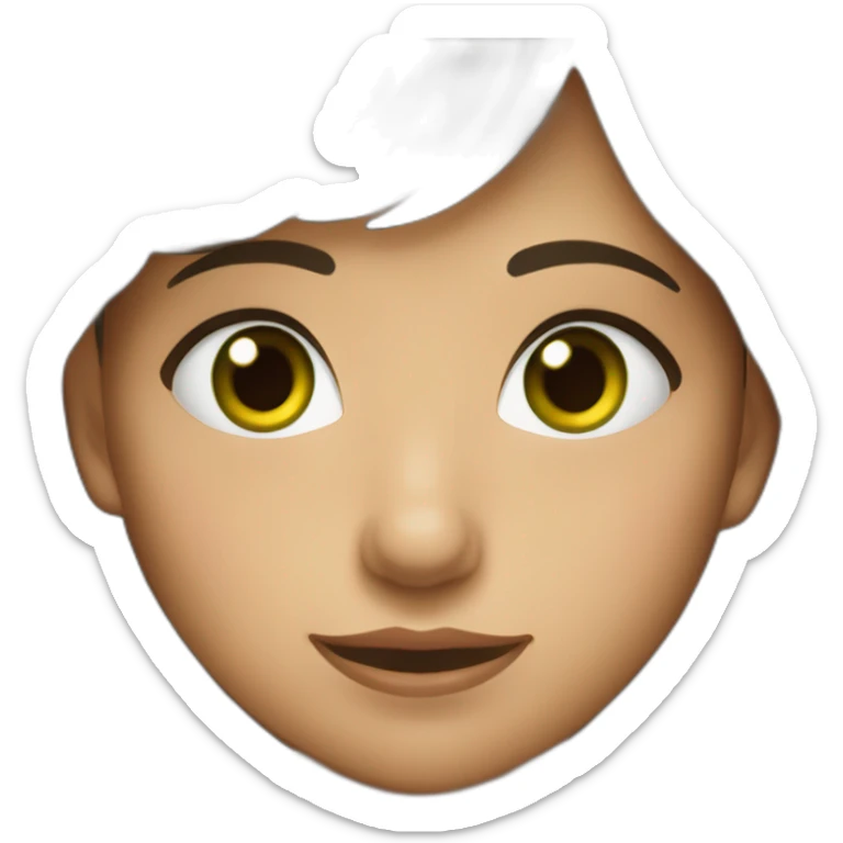 Fille brune avec les yeux vert. Un petit visage, petit nez petite joues joufflue ce qui la rend mignonne.  sticker