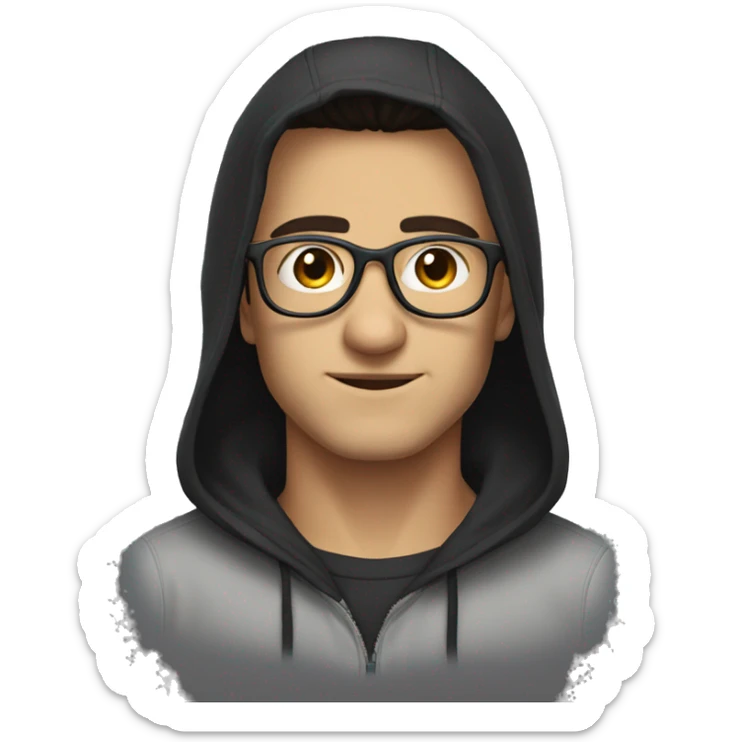 Hooded male portrait, dark hair  glasses  sticker