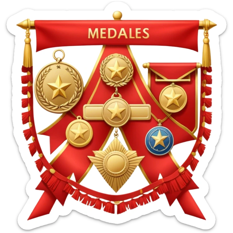 Icon for Collecting Orders, Medals & Badges: a variety of medals, orders and badges displayed on a large red pennant with fringed edges. The icon should convey the prestige and historical value of these collectibles. Transparent background. sticker