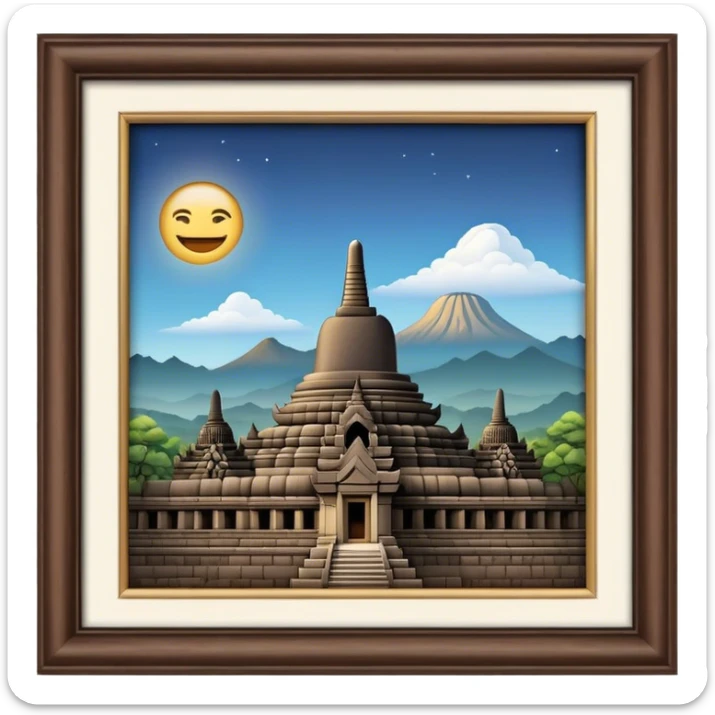 Cinematic Realistic Borobudur Landmark Emoji, showcasing the majestic ancient Buddhist temple rendered with intricate textures and serene, historic lighting. sticker