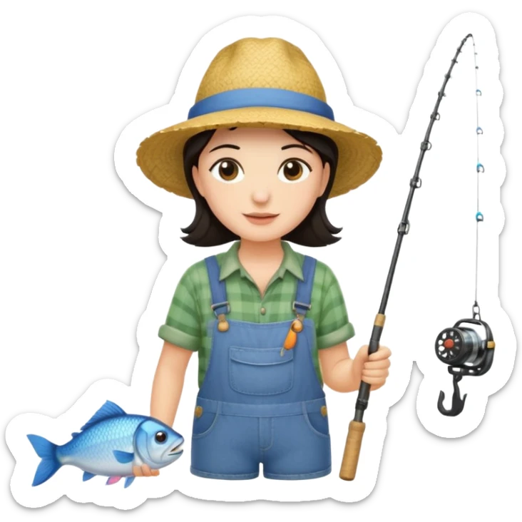 GRANJERO PIEL CLARA Y PELO OSCURO  CON CAÑA DE PESCAR Y UN PESCADO EN LA CAÑA sticker