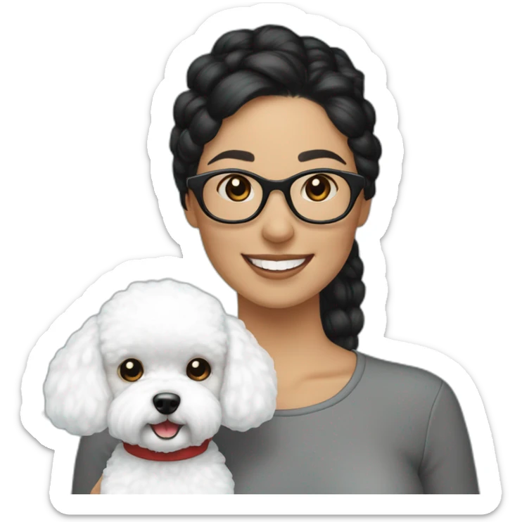 woman-white skin-black hair-bun-with glasses-with bichon dog-white-smile-Christmas sticker