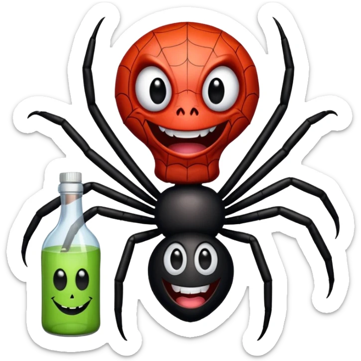wesoły śmieszny pająk z butelka jadu i podpisem cześć sticker