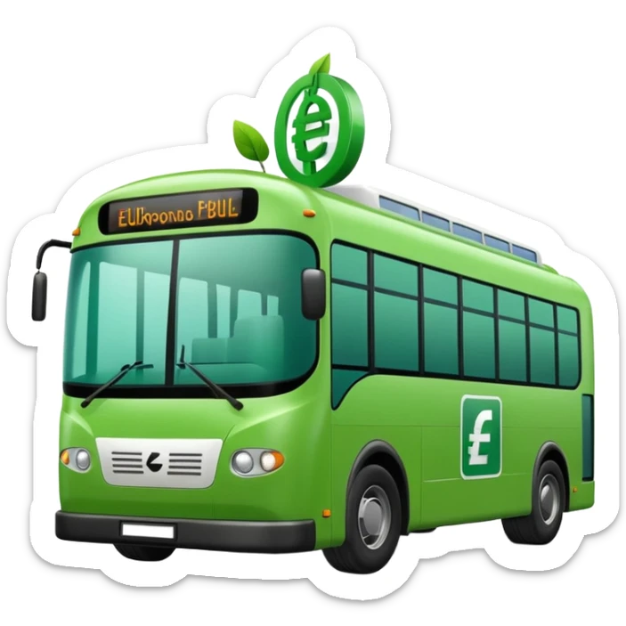 green electric bus with a big euro bill, no text on the bus sticker