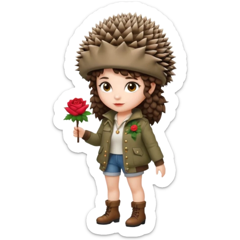 full body woman short curly brown mullet hair brown eyes white skin wearing hedgehog hat and thorny rose jacket sticker