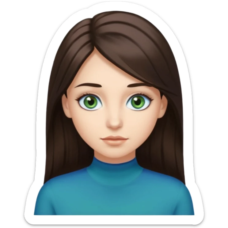 long dark brown hair with highlights in the front, big blue eyes clear skin with neck and green top on add long eyelashes sticker