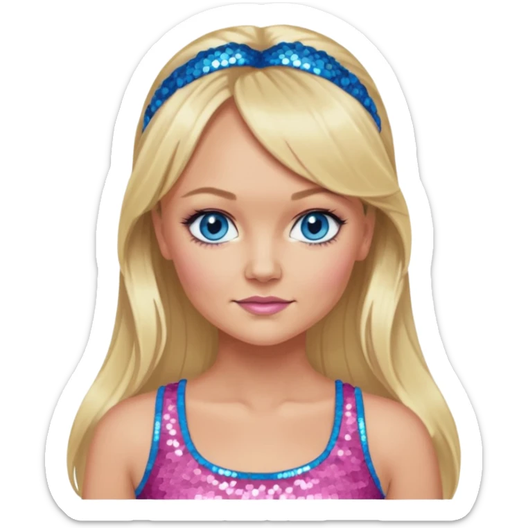 Emma Bunton with long blonde ponytail hair, blue eye, pink sequin crop top sticker