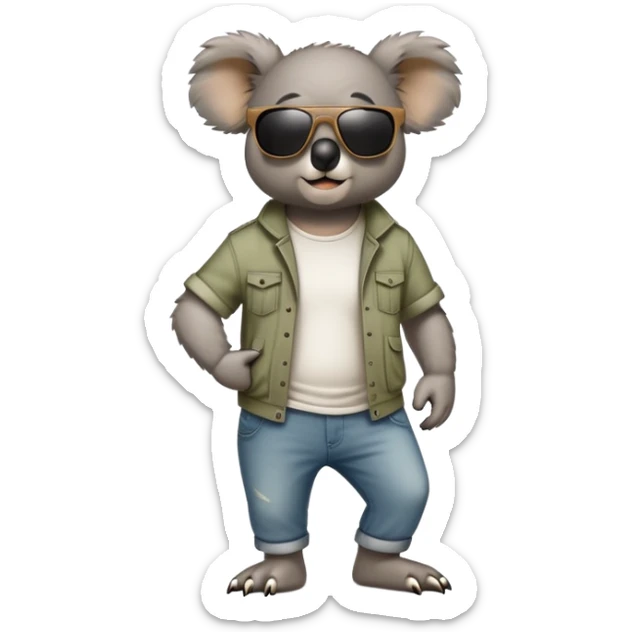 anthropomorphised koala in casual clothing, wearing dark sunglasses, walking upright, looking like a tough guy with a different attitude sticker
