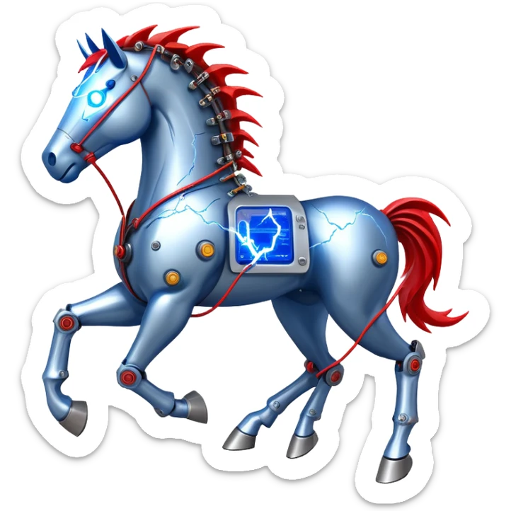 fast electric horse made of electricity, metal plates, bolts, visible blue and red wires, lightning surrounding it sticker