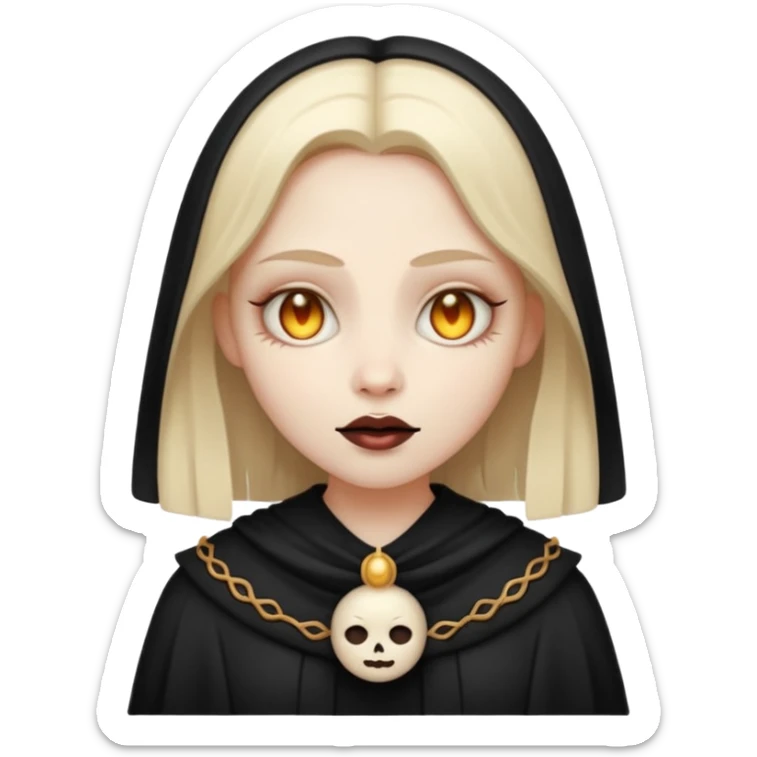 Stylized cult cartoon girl emoji, eerie-cute aesthetic, symmetrical design, subtle spooky vibe, glowing eyes, chanting “AMILK”, bold graphic icon sticker