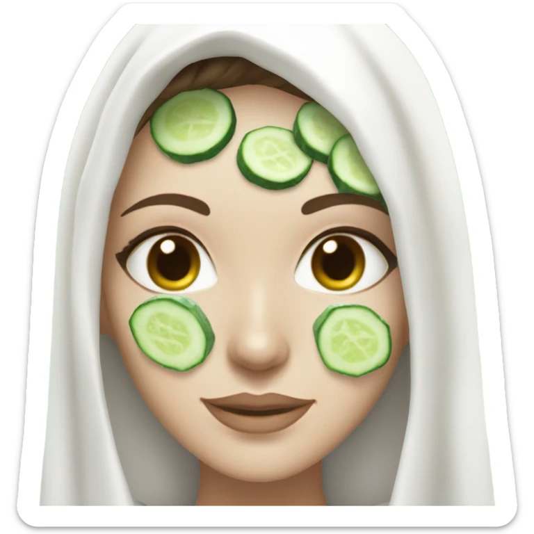 White girl with Brown hair and blue eyes wears a Green clay colored skincare textured mask and puts on cucumbers around her eyes while She relaxes in her white Robe sticker