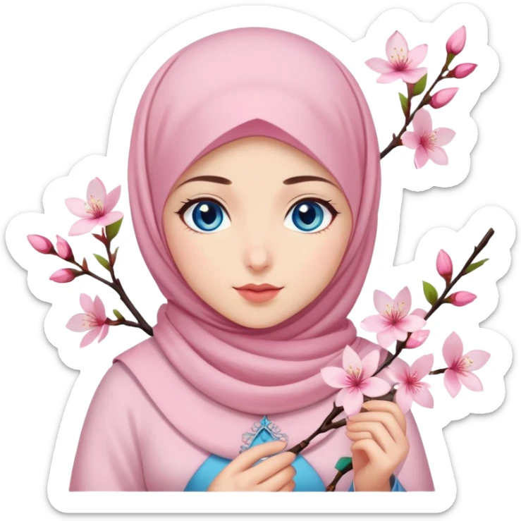 Turkish beautiful finish Konya girl blue eyes with light pink hijab islamic dress and had on her hand cherry blossom sticker