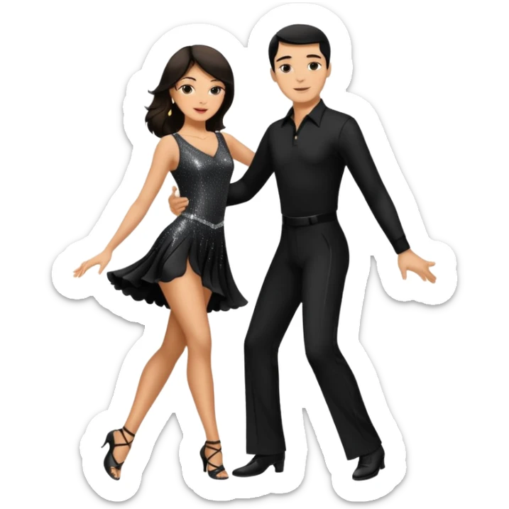 Dancesport professional latin couple dancing the rumba, the women is in skinny short sparkly dress, the man is in black shirt and black classic pants, the women has brown long hair, the man has short black hair  sticker