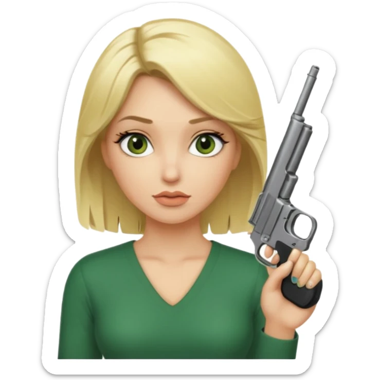 Emoji femme blonde cheveux blond, yeux vert avec de long cils noir qui porte un pistolet et à des cornes  sticker