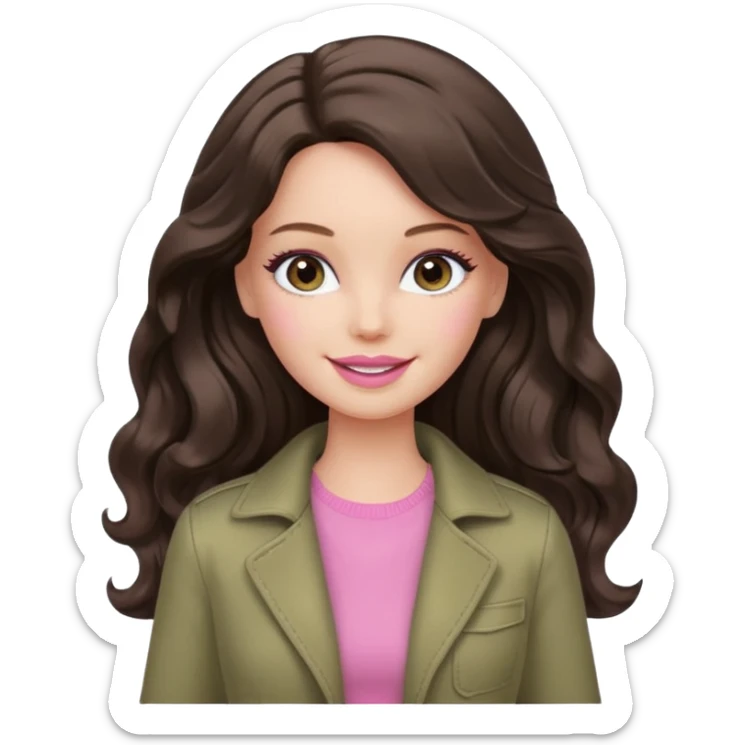 A white Barbie girl with long dark brown wavy hair in pale olive clothes pink and smail sticker