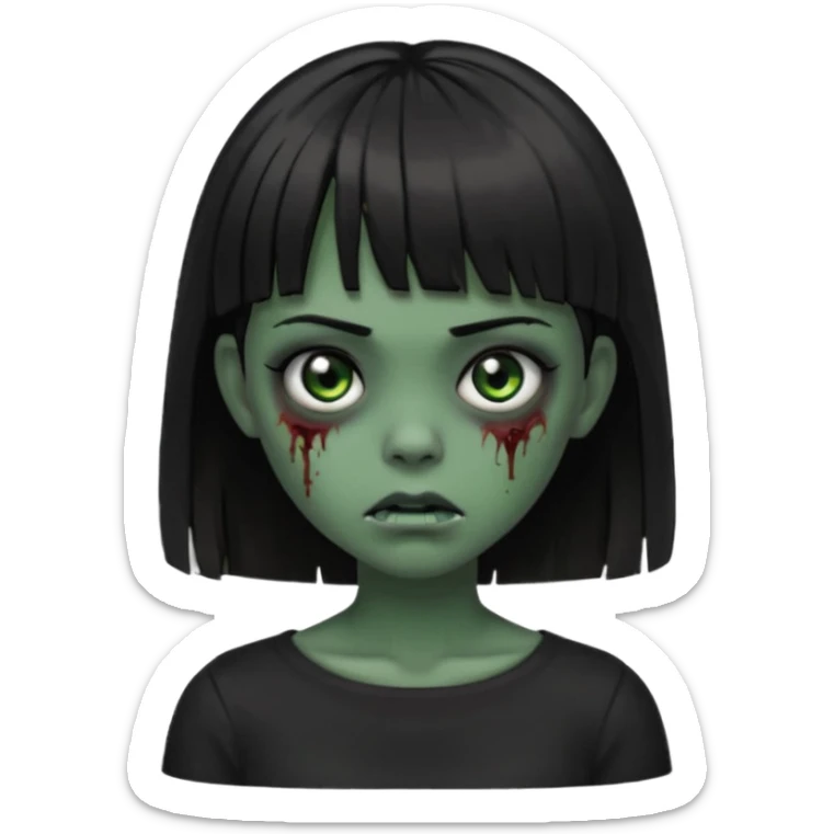 Zombie girl emoji verde escuro com cabelo curto liso preto no ombro e franja na altura da sobrancelha cobrindo completamente a testa, usando uma blusa preta, com olhos pretos  sticker