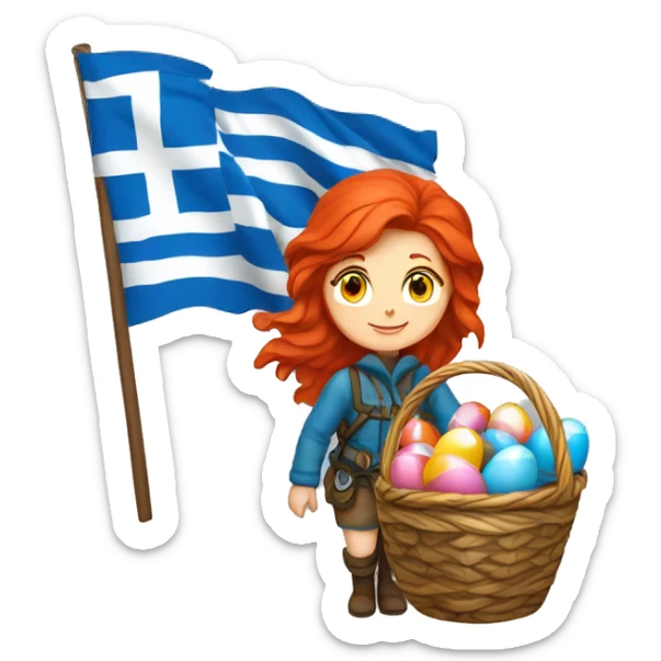Female winter mountaineer red hair white skin climbing with Greek Flag and Easter eggs basket sticker