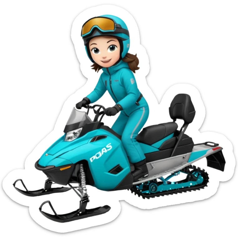 Can you create an emoji of a brunette girl on a teal polaris khaos 850 155 snowmobile with the skis up sticker
