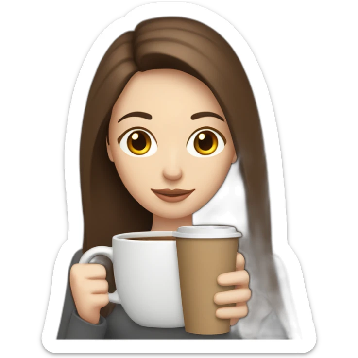 woman with long straight brown hair and pale skin holding a large coffee mug on a laptop screen sticker