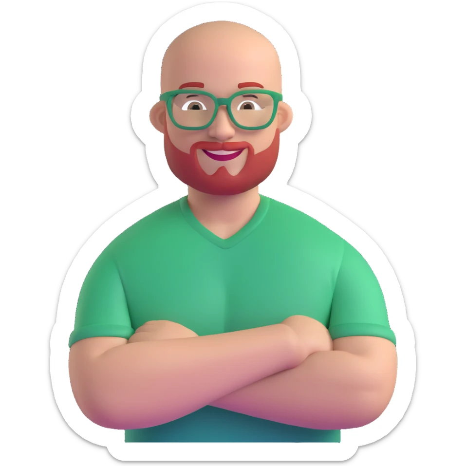 muscular bald man with red goatee and glasses, smiling, wearing a green shirt sticker