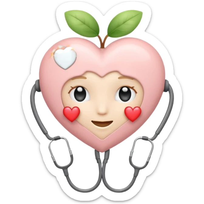 Minimalist emoji of a white heart with a stethoscope halo, small brain inside, sparkle accent, pastel colors (blush, cream, sage), smooth vector lines, rounded edges, Apple emoji style, transparent background, cute and aesthetic. sticker