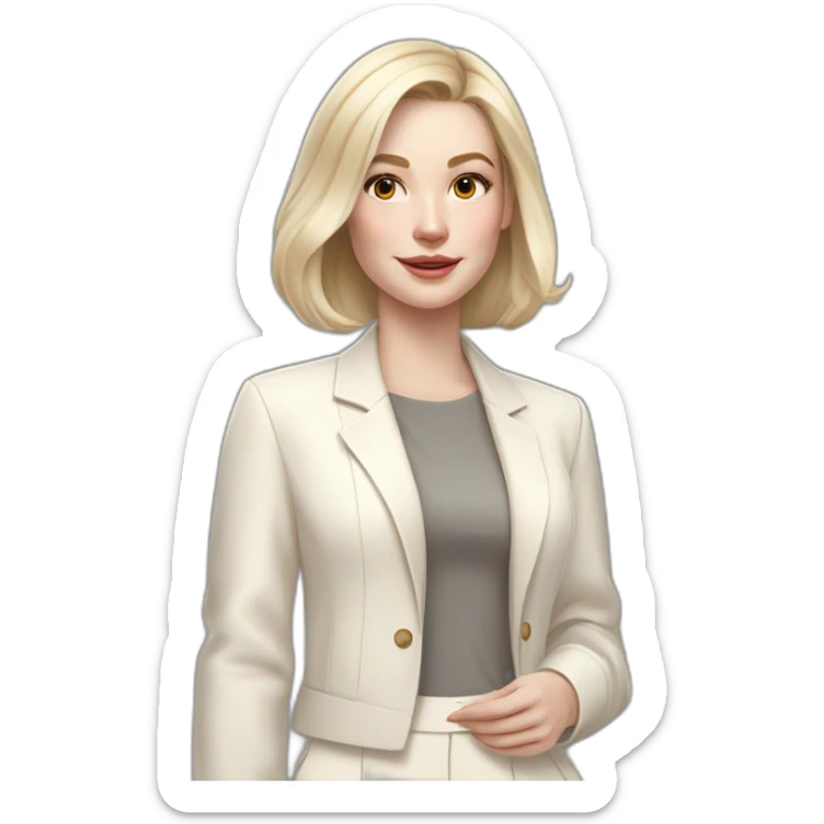 pale skin woman with ash blonde Straightened bob Hair, White Spacious classical jacket, beige palazzo Arrow pants and gray blouse holding white IPhone 14 pro in the hands sticker