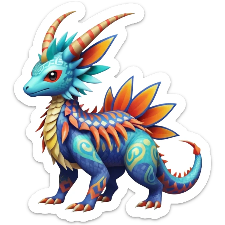 Colorful Exotic La Creatura Pokémon-Fakémon-hybrid-creature (full body) with tribal intricate splash-markings and patterns and furs and scales and spikes and fins and horns  sticker