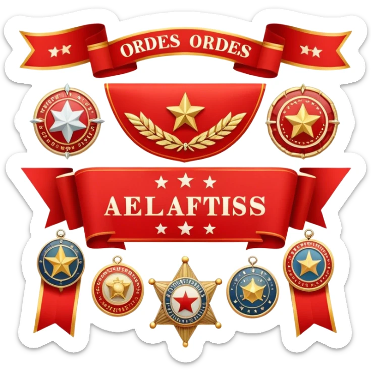 Icon for Collecting Orders, Medals & Badges: a variety of vintage orders and badges, displayed neatly on a big red pennant. The icon should reflect the honor and historical significance of these collectible items. Transparent background. sticker