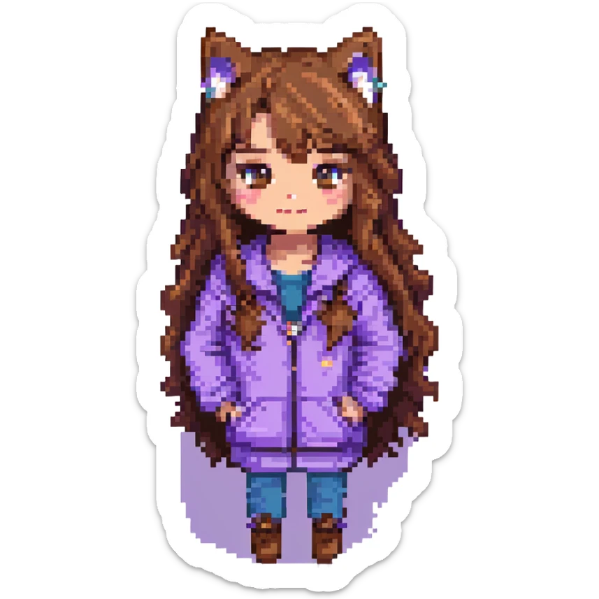 girl with long wavy brown hair and brown eyes wearing purple clothes with a three-color cat pixel art sticker
