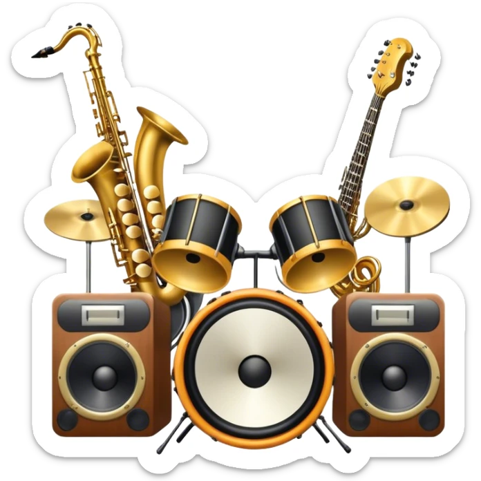Icon for R&B Music Listening: large concert speakers and headphones with waves of musical notes coming out, along with drums, bass guitar and saxophone. The icon should convey the energetic and rhythmic vibe of R&B music. Transparent background sticker