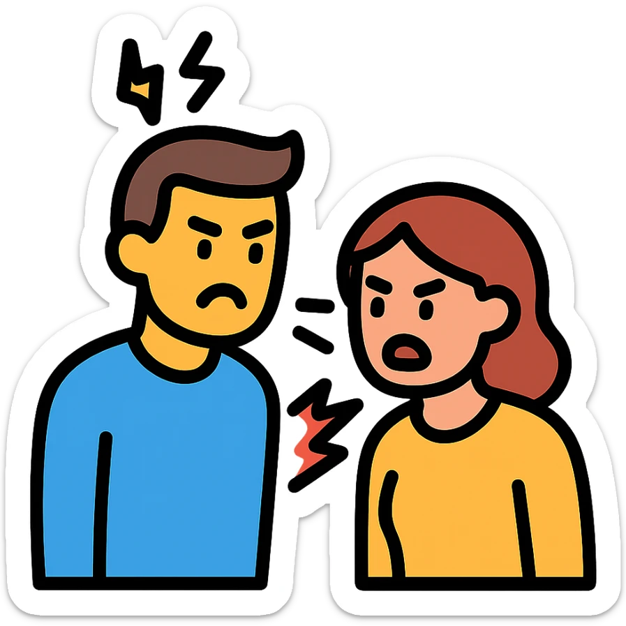 color outline icon of a man and woman arguing, simple lines sticker