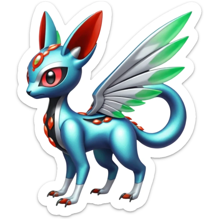 Shiny Colorful Futuristic Cyber-Vernid-Trico-Meloetta-Latias-Koraidon-Peppercat-Protogen-Pokémon-Digimon-Fakémon-fusion-hybrid-creature sticker