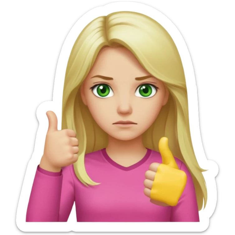 Blonde girl. Green eyes. Long hair. Pink shirt. Thumbs down  sticker