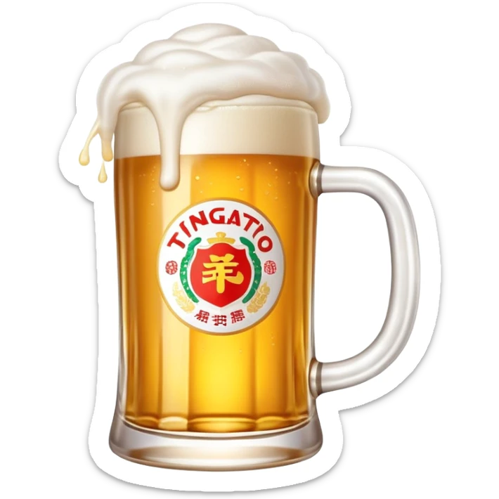 Tsingtao beer in glass mug, golden beer with white foam, iconic Chinese beer, emoji style sticker