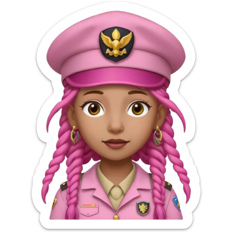 scout girl with pretty pink uniform, pink dreadlocks, and big earrings and scouts hat sticker